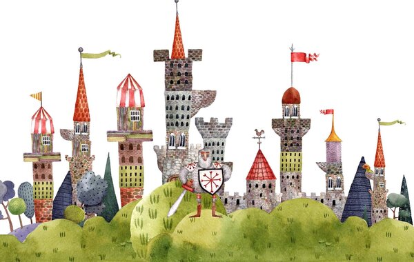 Fototapeta Akwarela przedstawiająca zamek, Fototapety Dziecięce, Popularne Fototapety, u46284 - Tapeko.pl