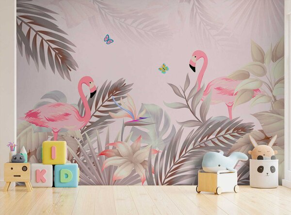 Fototapeta Różowe flamingi i kwiaty, Fototapety design, Popularne Fototapety, u46459 - Tapeko.pl