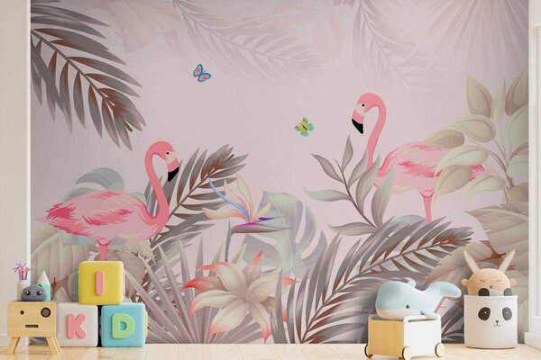 Fototapeta Różowe flamingi i kwiaty, Fototapety design, Popularne Fototapety, u46459 - Tapeko.pl