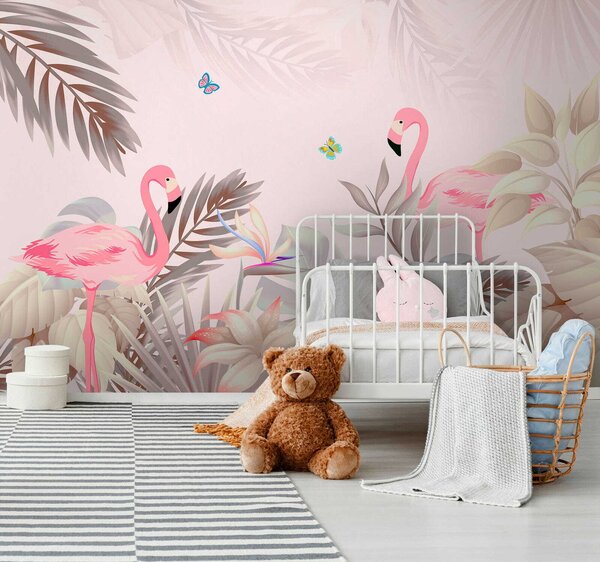 Fototapeta Różowe flamingi i kwiaty, Fototapety design, Popularne Fototapety, u46459 - Tapeko.pl