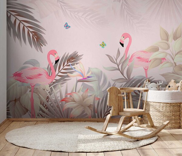 Fototapeta Różowe flamingi i kwiaty, Fototapety design, Popularne Fototapety, u46459 - Tapeko.pl