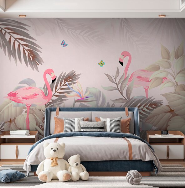 Fototapeta Różowe flamingi i kwiaty, Fototapety design, Popularne Fototapety, u46459 - Tapeko.pl