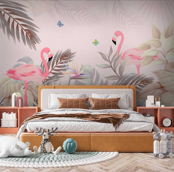 Fototapeta Różowe flamingi i kwiaty, Fototapety design, Popularne Fototapety, u46459 - Tapeko.pl