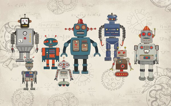 Fototapeta Grupa robotów z równaniami matematycznymi, Fototapety Dziecięce, Popularne Fototapety, u46535 - Tapeko.pl