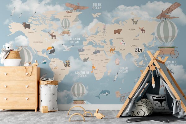 Fototapeta Mapa świata z różnymi zwierzętami i ptakami, Fototapety z mapami świata, Popularne Fototapety, u48123 - Tapeko.pl