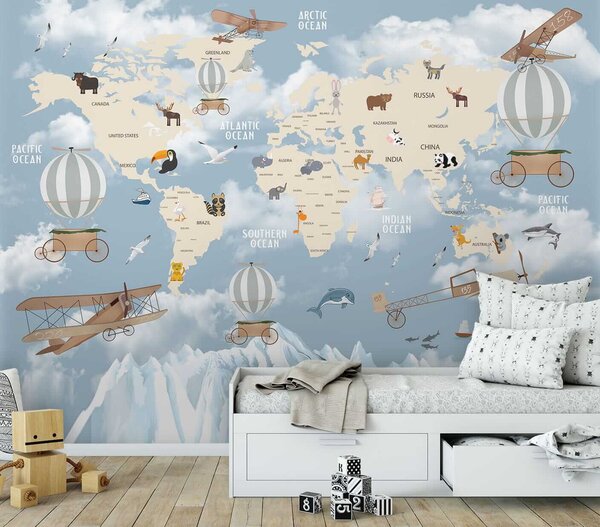 Fototapeta Mapa świata z różnymi zwierzętami i ptakami, Fototapety z mapami świata, Popularne Fototapety, u48123 - Tapeko.pl