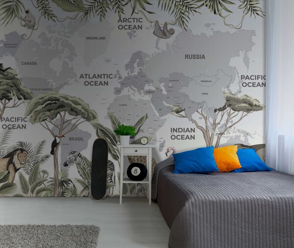 Fototapeta Mapa świata ze zwierzętami i ptakami, Fototapety Dziecięce, Popularne Fototapety, u50380 - Tapeko.pl