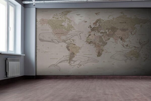 Fototapeta Mapa świata z wielorybami, Fototapety z mapami świata, Popularne Fototapety, u50449 - Tapeko.pl