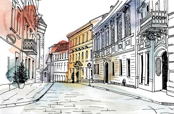 Fototapeta Rysunek ulicy z budynkami, Fototapety Architektura, Popularne Fototapety, u51062 - Tapeko.pl
