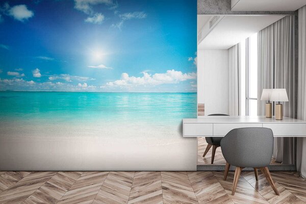 Fototapeta Błękitne niebo z chmurami i piaszczysta plaża, Fototapety Morze i Plaża, Popularne Fototapety, u52628 - Tapeko.pl