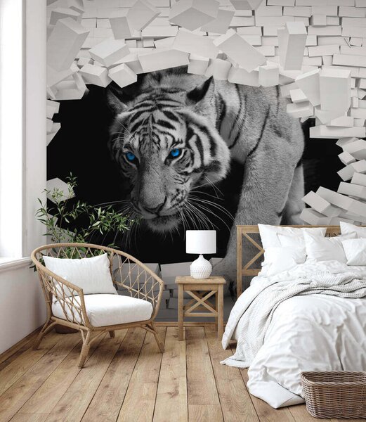 Fototapeta Tygrys przechodzący przez dziurę w ścianie, Fototapety design, Popularne Fototapety, u53013 - Tapeko.pl