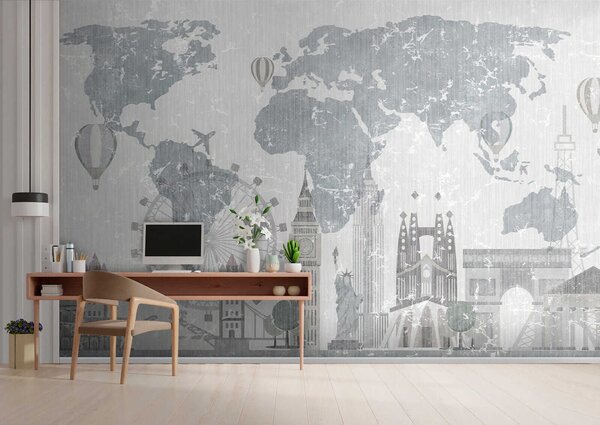 Fototapeta Mapa świata z budynkami i diabelskim młynem, Fototapety Dla chłopców, Popularne Fototapety, u53138 - Tapeko.pl
