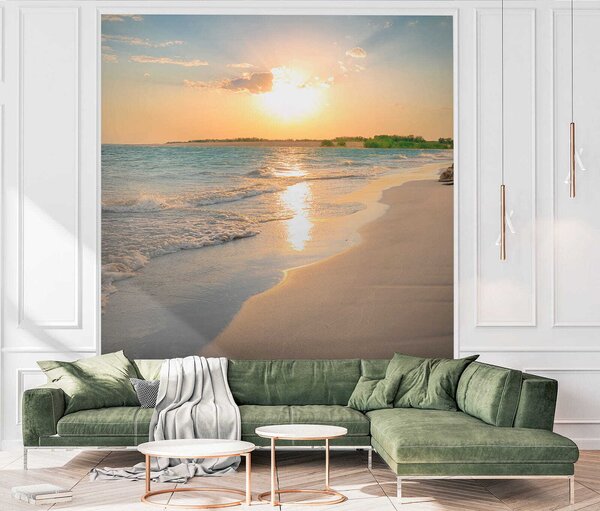 Fototapeta Plaża z falami i zachodem słońca, Fototapety Morze i Plaża, Popularne Fototapety, u53408 - Tapeko.pl