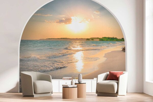 Fototapeta Plaża z falami i zachodem słońca, Fototapety Morze i Plaża, Popularne Fototapety, u53408 - Tapeko.pl