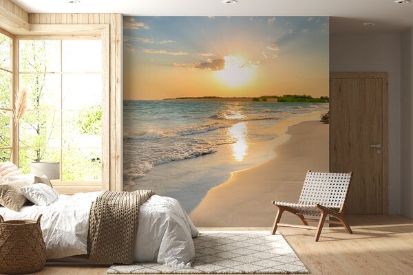 Fototapeta Plaża z falami i zachodem słońca, Fototapety Morze i Plaża, Popularne Fototapety, u53408 - Tapeko.pl
