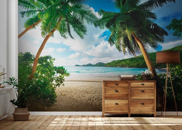 Fototapeta Plaża z palmami i błękitną wodą, Fototapety Morze i Plaża, Popularne Fototapety, u53753 - Tapeko.pl