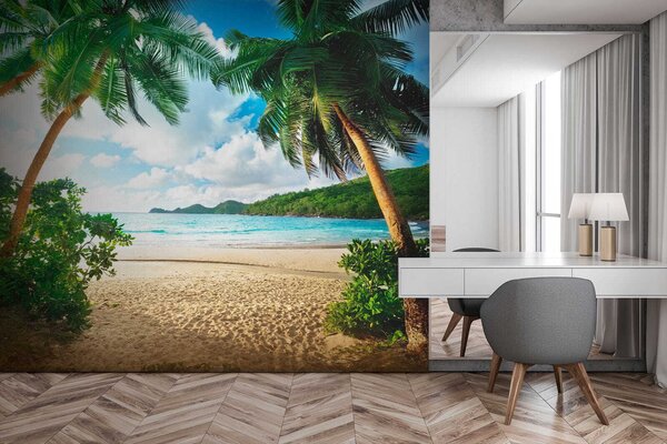 Fototapeta Plaża z palmami i błękitną wodą, Fototapety Morze i Plaża, Popularne Fototapety, u53753 - Tapeko.pl