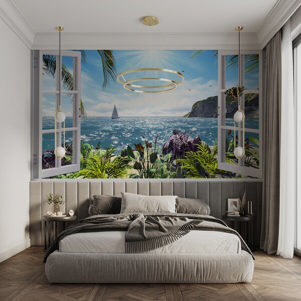 Fototapeta Okno z widokiem na ocean i żaglówkę, Fototapety 3d, Popularne Fototapety, u54608 - Tapeko.pl