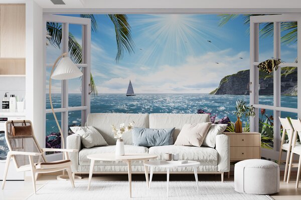 Fototapeta Okno z widokiem na ocean i żaglówkę, Fototapety 3d, Popularne Fototapety, u54608 - Tapeko.pl