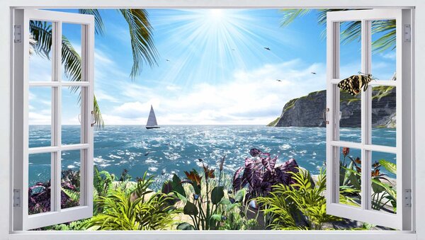 Fototapeta Okno z widokiem na ocean i żaglówkę, Fototapety 3d, Popularne Fototapety, u54608 - Tapeko.pl