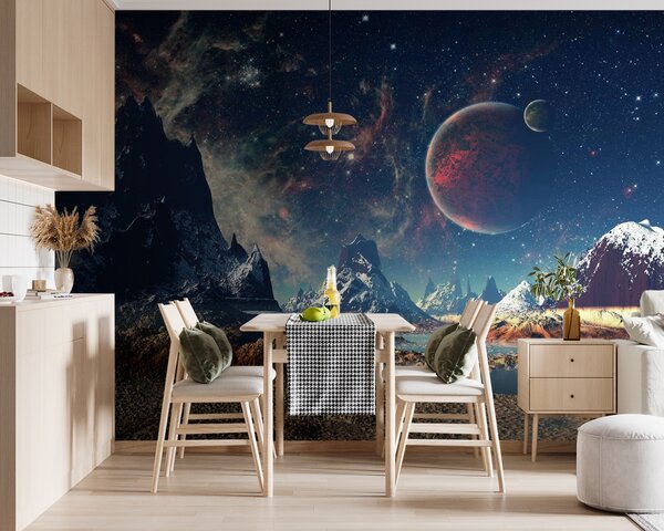 Fototapeta Krajobraz gór i wody z planetami i gwiazdami, Fototapety design, Popularne Fototapety, u55303 - Tapeko.pl