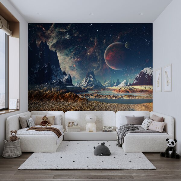 Fototapeta Krajobraz gór i wody z planetami i gwiazdami, Fototapety design, Popularne Fototapety, u55303 - Tapeko.pl