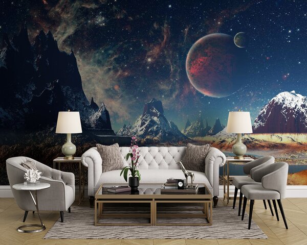 Fototapeta Krajobraz gór i wody z planetami i gwiazdami, Fototapety design, Popularne Fototapety, u55303 - Tapeko.pl