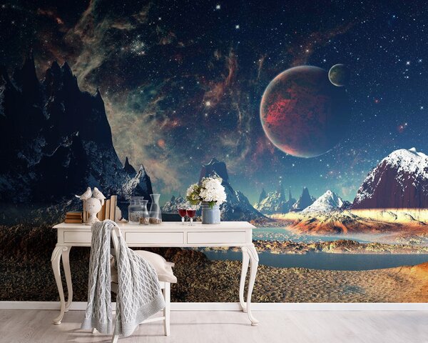 Fototapeta Krajobraz gór i wody z planetami i gwiazdami, Fototapety design, Popularne Fototapety, u55303 - Tapeko.pl