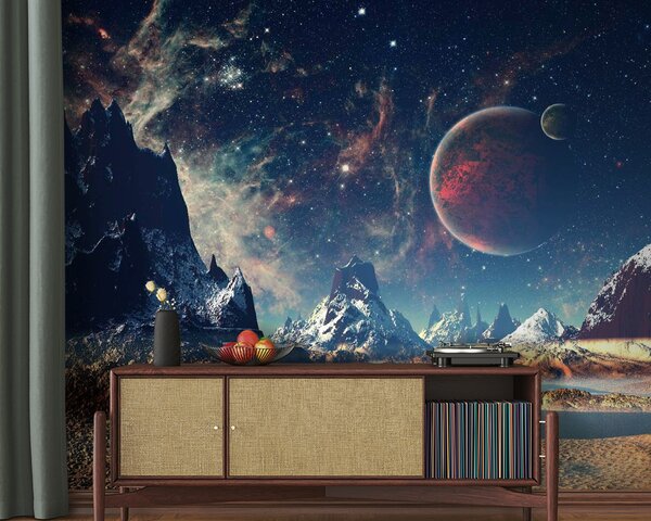 Fototapeta Krajobraz gór i wody z planetami i gwiazdami, Fototapety design, Popularne Fototapety, u55303 - Tapeko.pl
