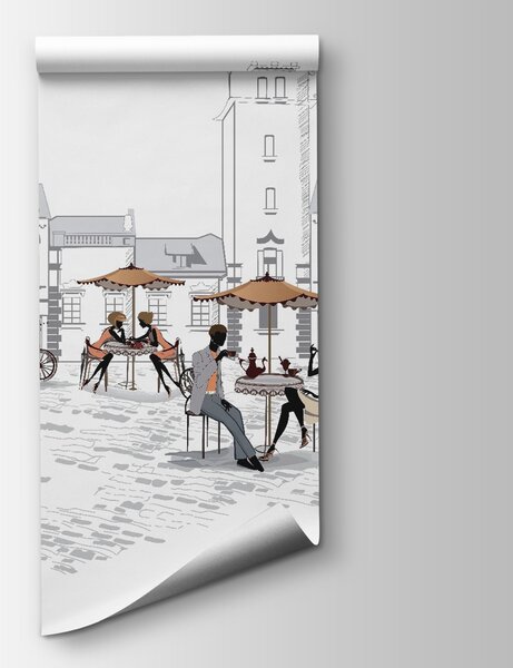 Fototapeta Grupa ludzi siedzących na ławkach w mieście, Fototapety design, Popularne Fototapety, u56109 - Tapeko.pl