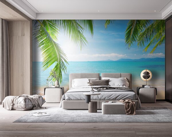 Fototapeta Plaża z palmami i błękitną wodą, Fototapety Morze i Plaża, Popularne Fototapety, u56790 - Tapeko.pl