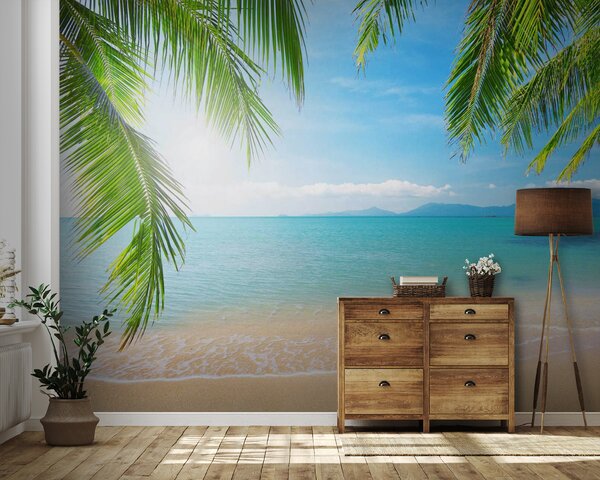 Fototapeta Plaża z palmami i błękitną wodą, Fototapety Morze i Plaża, Popularne Fototapety, u56790 - Tapeko.pl