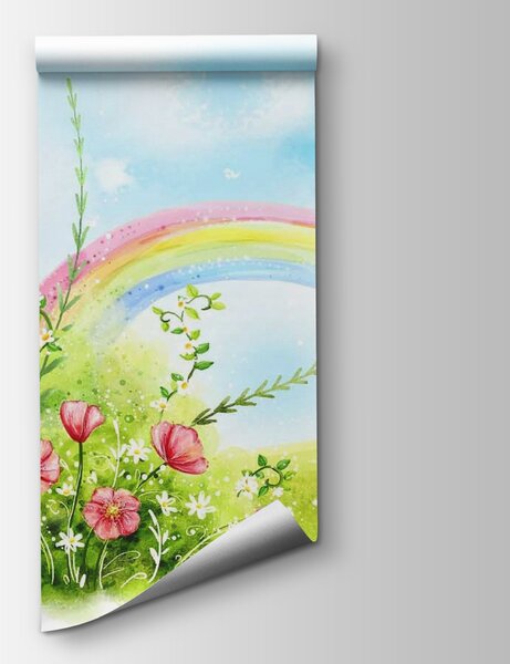 Fototapeta Tęcza i kwiaty na zielonym polu, Fototapety Dziecięce, Popularne Fototapety, u57050 - Tapeko.pl