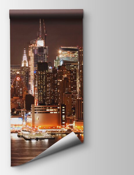 Fototapeta Panorama miasta nocą z księżycem na niebie, Fototapety miasta na ścianie, Popularne Fototapety, u57923 - Tapeko.pl