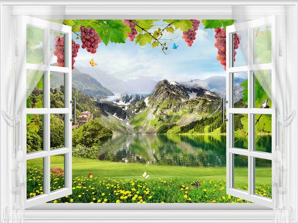 Fototapeta Okno z widokiem na jezioro i góry, Fototapety Widok z okna, Popularne Fototapety, u59842 - Tapeko.pl