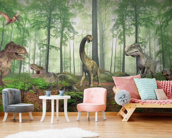 Fototapeta Grupa dinozaurów w lesie, Fototapety Dziecięce, Popularne Fototapety, u60039 - Tapeko.pl