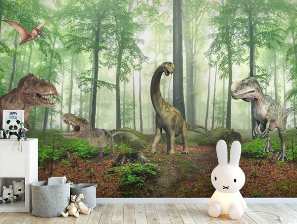 Fototapeta Grupa dinozaurów w lesie, Fototapety Dziecięce, Popularne Fototapety, u60039 - Tapeko.pl