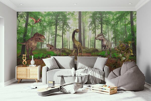 Fototapeta Grupa dinozaurów w lesie, Fototapety Dziecięce, Popularne Fototapety, u60039 - Tapeko.pl