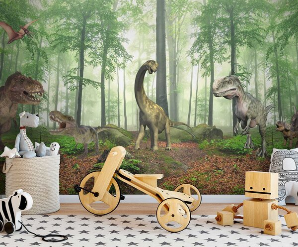 Fototapeta Grupa dinozaurów w lesie, Fototapety Dziecięce, Popularne Fototapety, u60039 - Tapeko.pl