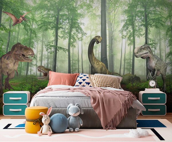 Fototapeta Grupa dinozaurów w lesie, Fototapety Dziecięce, Popularne Fototapety, u60039 - Tapeko.pl