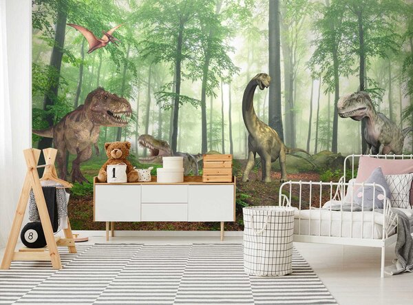 Fototapeta Grupa dinozaurów w lesie, Fototapety Dziecięce, Popularne Fototapety, u60039 - Tapeko.pl