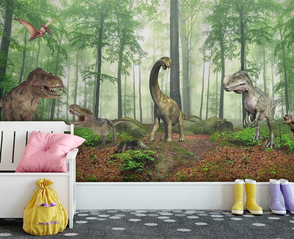 Fototapeta Grupa dinozaurów w lesie, Fototapety Dziecięce, Popularne Fototapety, u60039 - Tapeko.pl