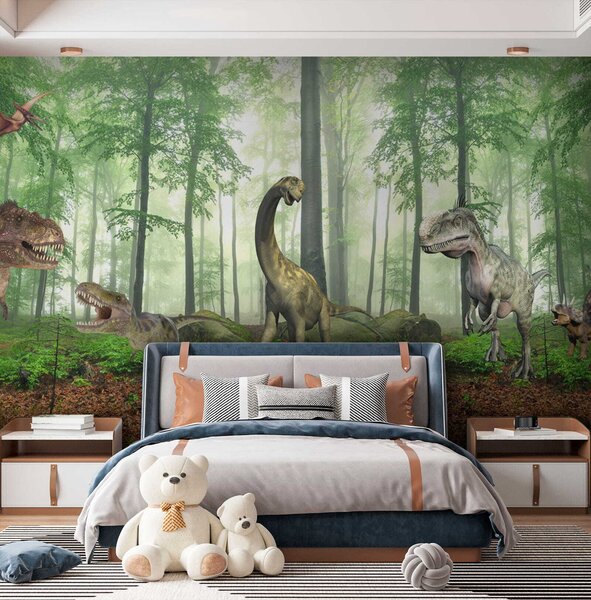 Fototapeta Grupa dinozaurów w lesie, Fototapety Dziecięce, Popularne Fototapety, u60039 - Tapeko.pl
