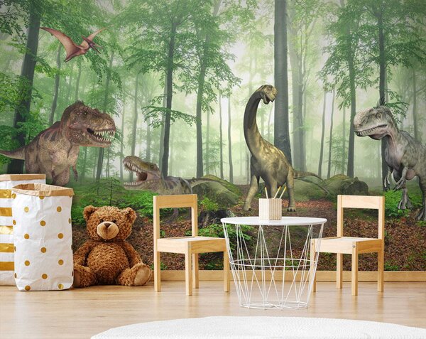 Fototapeta Grupa dinozaurów w lesie, Fototapety Dziecięce, Popularne Fototapety, u60039 - Tapeko.pl
