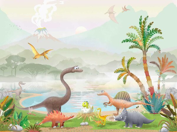 Fototapeta Grupa dinozaurów w pobliżu jeziora, Fototapety Dziecięce, Popularne Fototapety, u60040 - Tapeko.pl