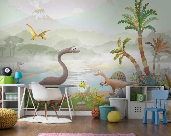 Fototapeta Grupa dinozaurów w pobliżu jeziora, Fototapety Dziecięce, Popularne Fototapety, u60040 - Tapeko.pl