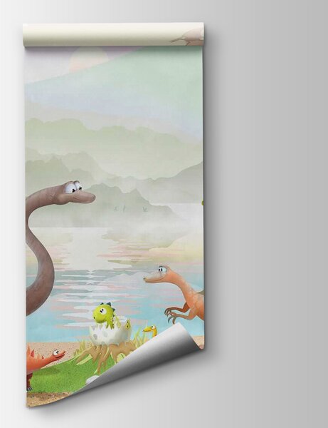 Fototapeta Grupa dinozaurów w pobliżu jeziora, Fototapety Dziecięce, Popularne Fototapety, u60040 - Tapeko.pl
