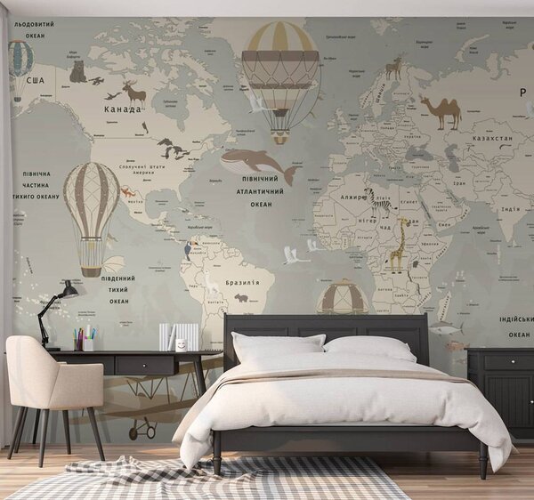 Fototapeta Mapa świata z samolotami i zwierzętami, Fototapety Dziecięce, Popularne Fototapety, u60128 - Tapeko.pl