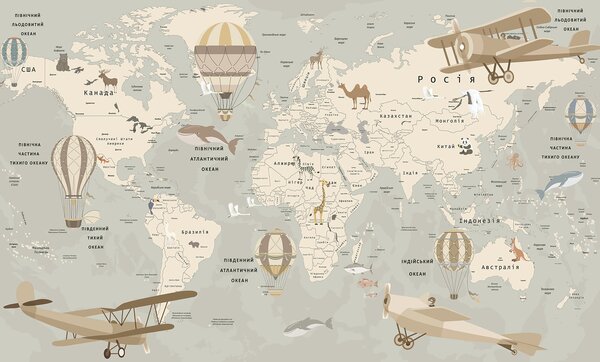 Fototapeta Mapa świata z samolotami i zwierzętami, Fototapety Dziecięce, Popularne Fototapety, u60128 - Tapeko.pl