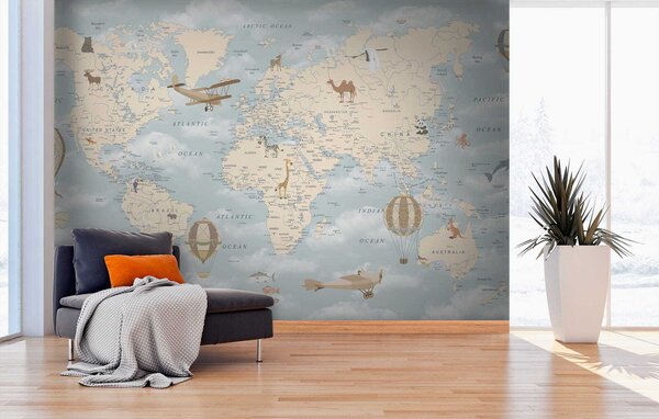 Fototapeta Mapa świata z różnymi zwierzętami i ptakami, Fototapety z mapami świata, Popularne Fototapety, u60135 - Tapeko.pl